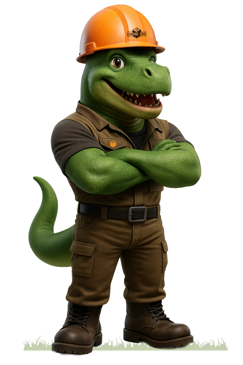Green dinosaur character wearing a hard hat and work clothes on a white background