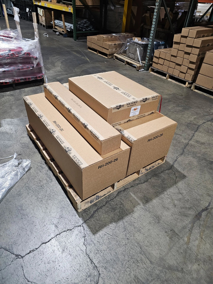 Four labeled component boxes for a standard 30X roof hatch guardrail kit