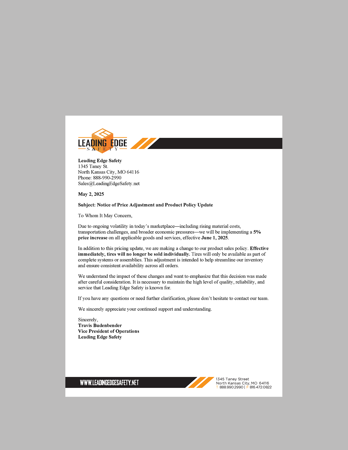 Leading Edge Safety price increase letter on company letterhead