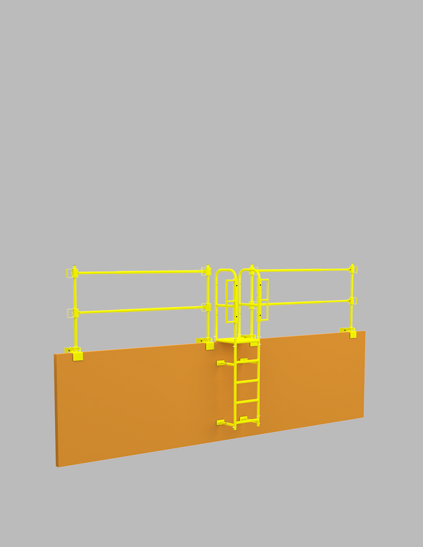 Yellow guardrail and access ladder mounted on a trench box wall, render for the trench fall protection collection
