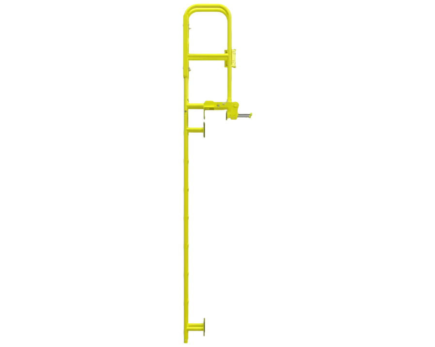 A bright yellow metal safety ladder with a handguard and side grip, shown against a solid white background.