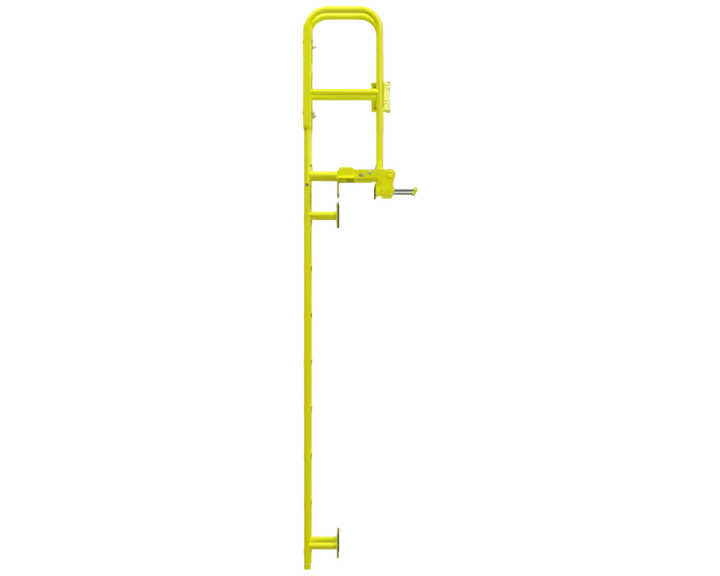 A bright yellow metal safety ladder with a handguard and side grip, shown against a solid white background.