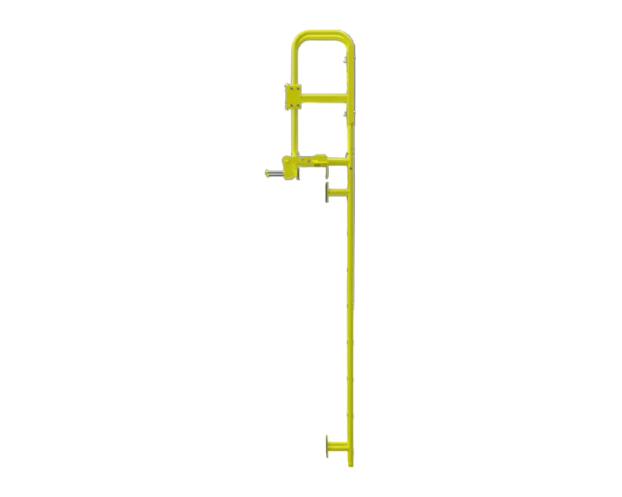A bright yellow metal ladder extension or climbing aid with a vertical pole, top handgrip, and side mounting hardware, shown against a plain white background.