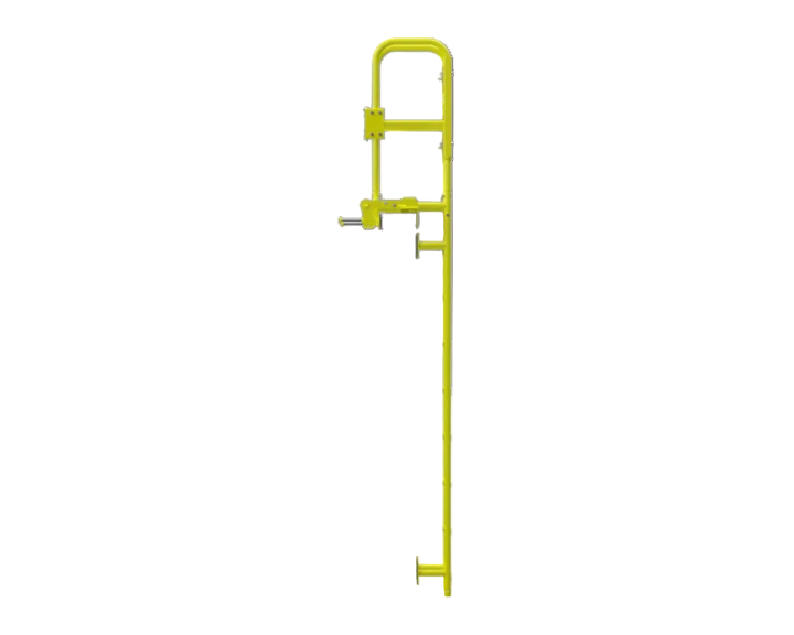 A bright yellow metal ladder extension or climbing aid with a vertical pole, top handgrip, and side mounting hardware, shown against a plain white background.