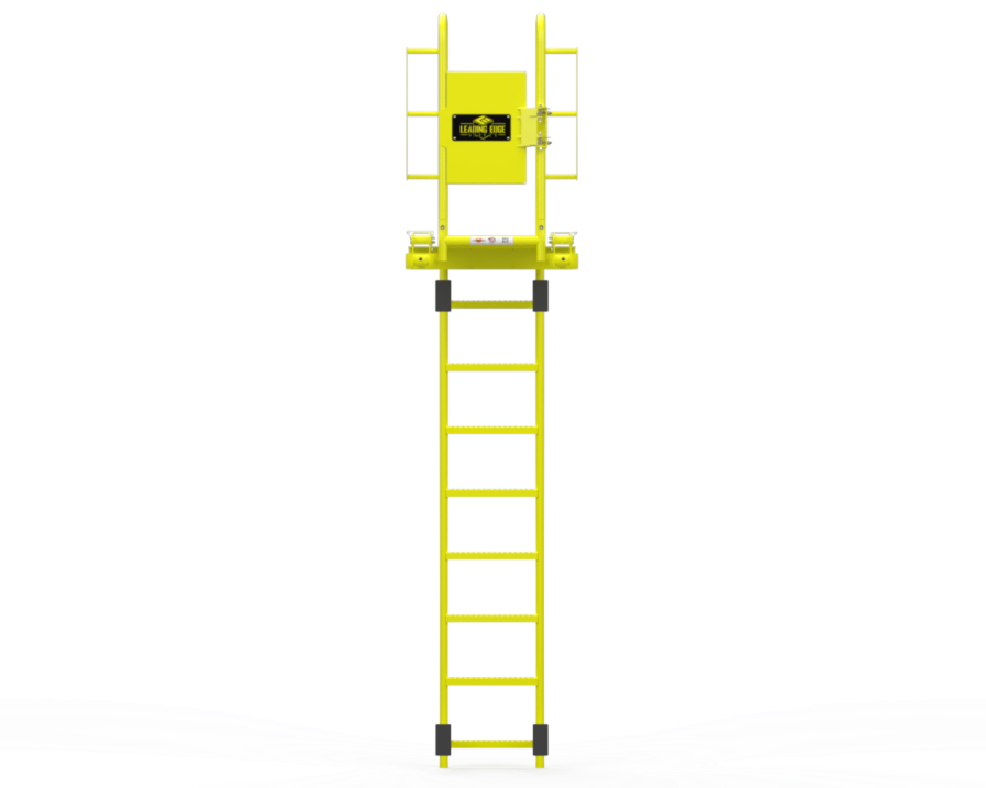 A bright yellow industrial ladder with an elevated platform and guardrails, featuring a small black and yellow logo on the platform, shown against a plain white background.