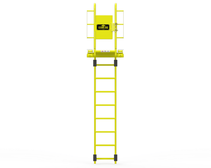 A bright yellow industrial ladder with an elevated platform and guardrails, featuring a small black and yellow logo on the platform, shown against a plain white background.