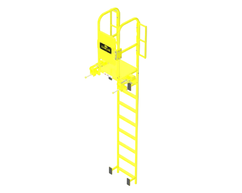 A bright yellow metal ladder lift with an open platform, handrails, and a short ladder section, shown on a plain white background.
