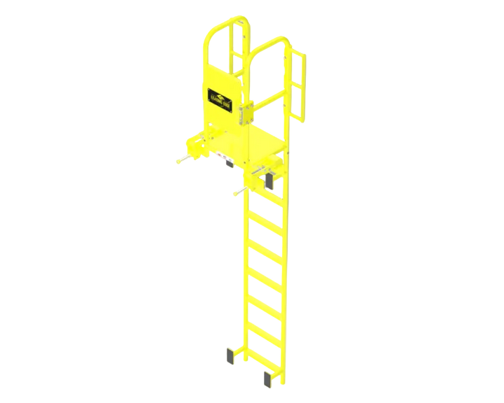 A bright yellow metal ladder lift with an open platform, handrails, and a short ladder section, shown on a plain white background.