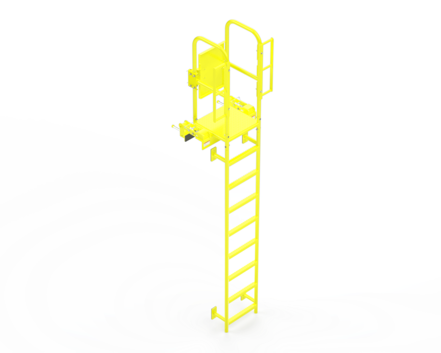 A bright yellow metal guardrail and ladder assembly with a seat box, shown isolated on a solid white background.