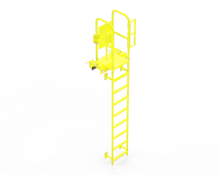 A bright yellow metal guardrail and ladder assembly with a seat box, shown isolated on a solid white background.