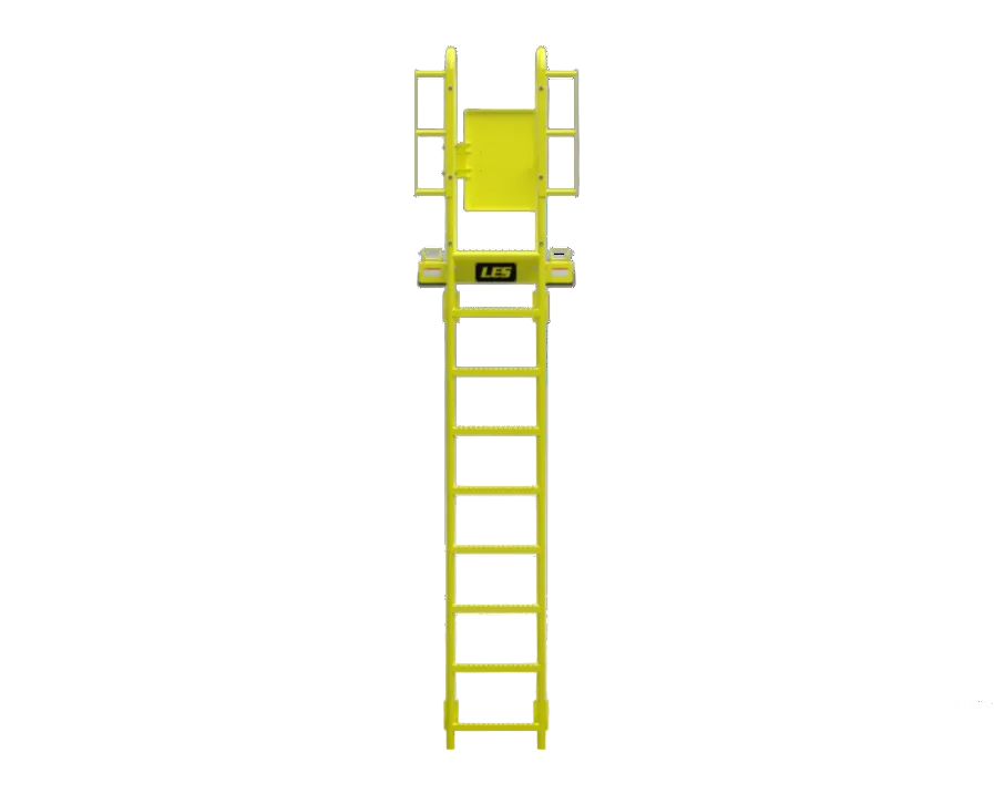 A bright yellow metal ladder with a guardrail platform at the top and a small black label near the upper section, shown on a plain white background.