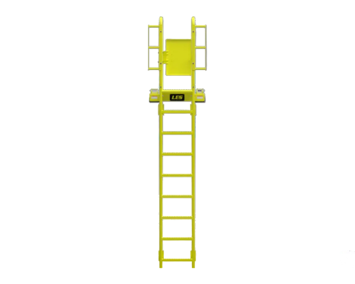 A bright yellow metal ladder with a guardrail platform at the top and a small black label near the upper section, shown on a plain white background.