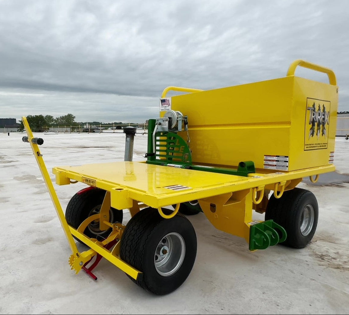 Yellow TriRex Solo mobile fall protection cart parked on a commercial rooftop.
