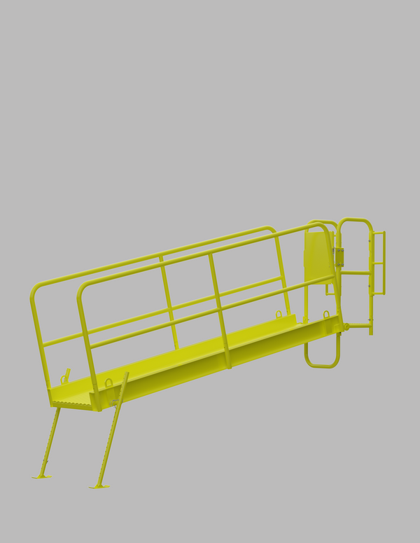 Yellow trench box catwalk walkway with guardrails