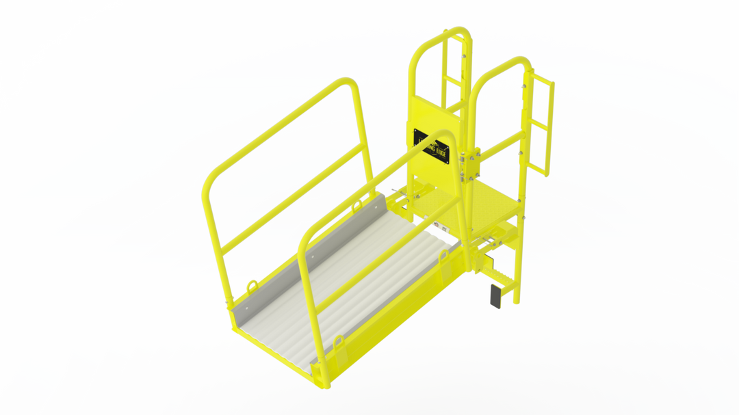 A yellow industrial platform lift with a white ribbed metal ramp and safety railings, shown on a plain white background.