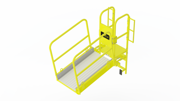 A yellow industrial platform lift with a white ribbed metal ramp and safety railings, shown on a plain white background.