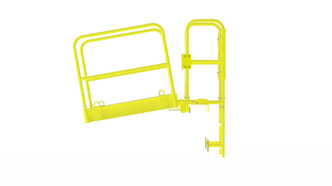 A bright yellow metal safety guardrail system with a ladder-style access platform, shown isolated on a solid white background.