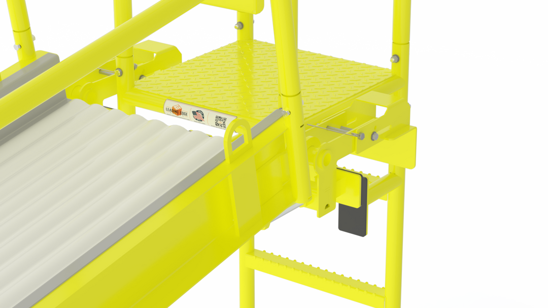 Bright yellow industrial platform or conveyor transfer structure with a textured yellow step platform, yellow guardrails, and a white ribbed incline belt or ramp, shown on a light gray studio background.