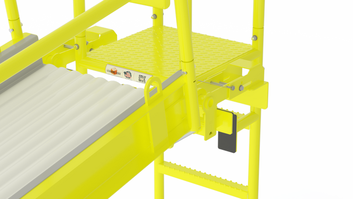 Bright yellow industrial platform or conveyor transfer structure with a textured yellow step platform, yellow guardrails, and a white ribbed incline belt or ramp, shown on a light gray studio background.