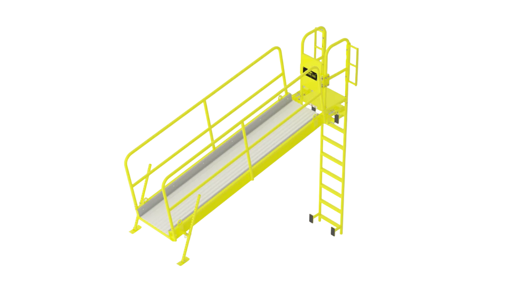 A bright yellow industrial lift platform with a ladder, handrails, and a ramp, shown on a neutral gray gradient background.