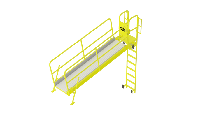A bright yellow industrial lift platform with a ladder, handrails, and a ramp, shown on a neutral gray gradient background.