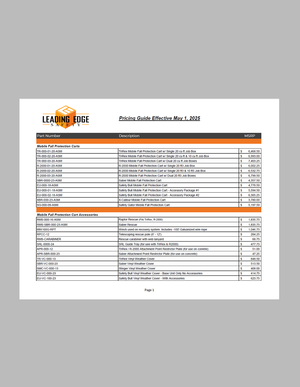 Leading Edge Safety price list table on company letterhead
