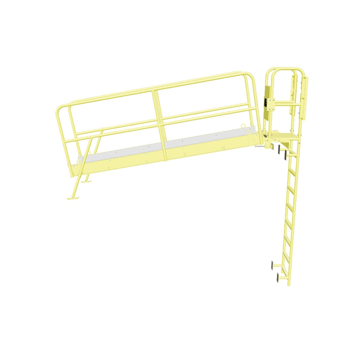 Yellow industrial access platform with guardrails, a self-closing gate, and a vertical fixed ladder.