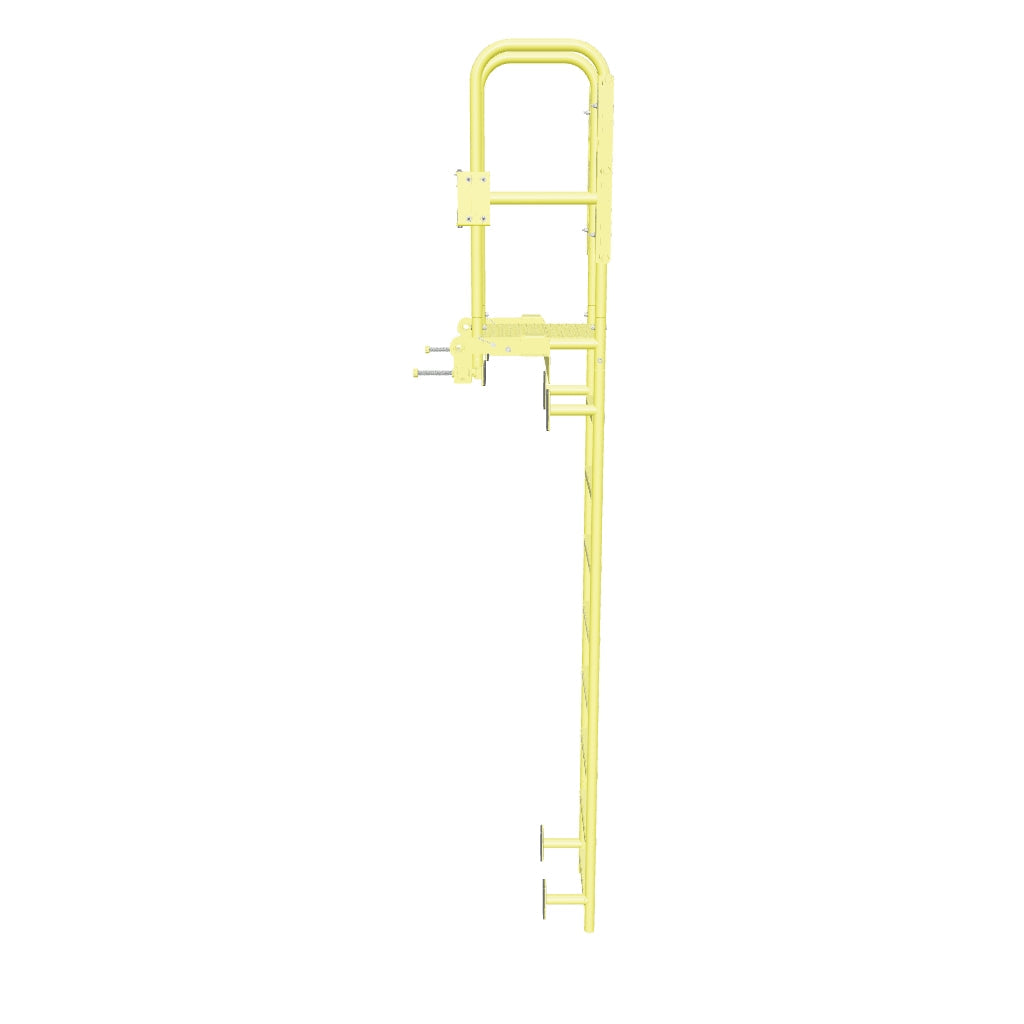 A bright yellow metal ladder lift with an open platform, handrails, and a short ladder section, three dimensional model on a white background