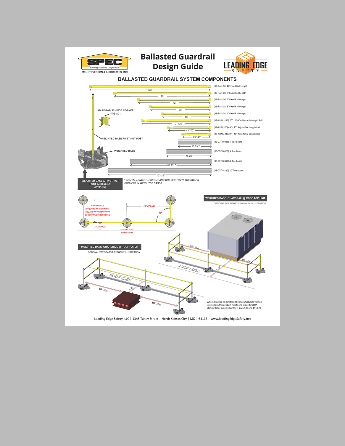 SPEC Ballasted Guardrail Design Guide from Leading Edge Safety showing system components and roof setup diagrams