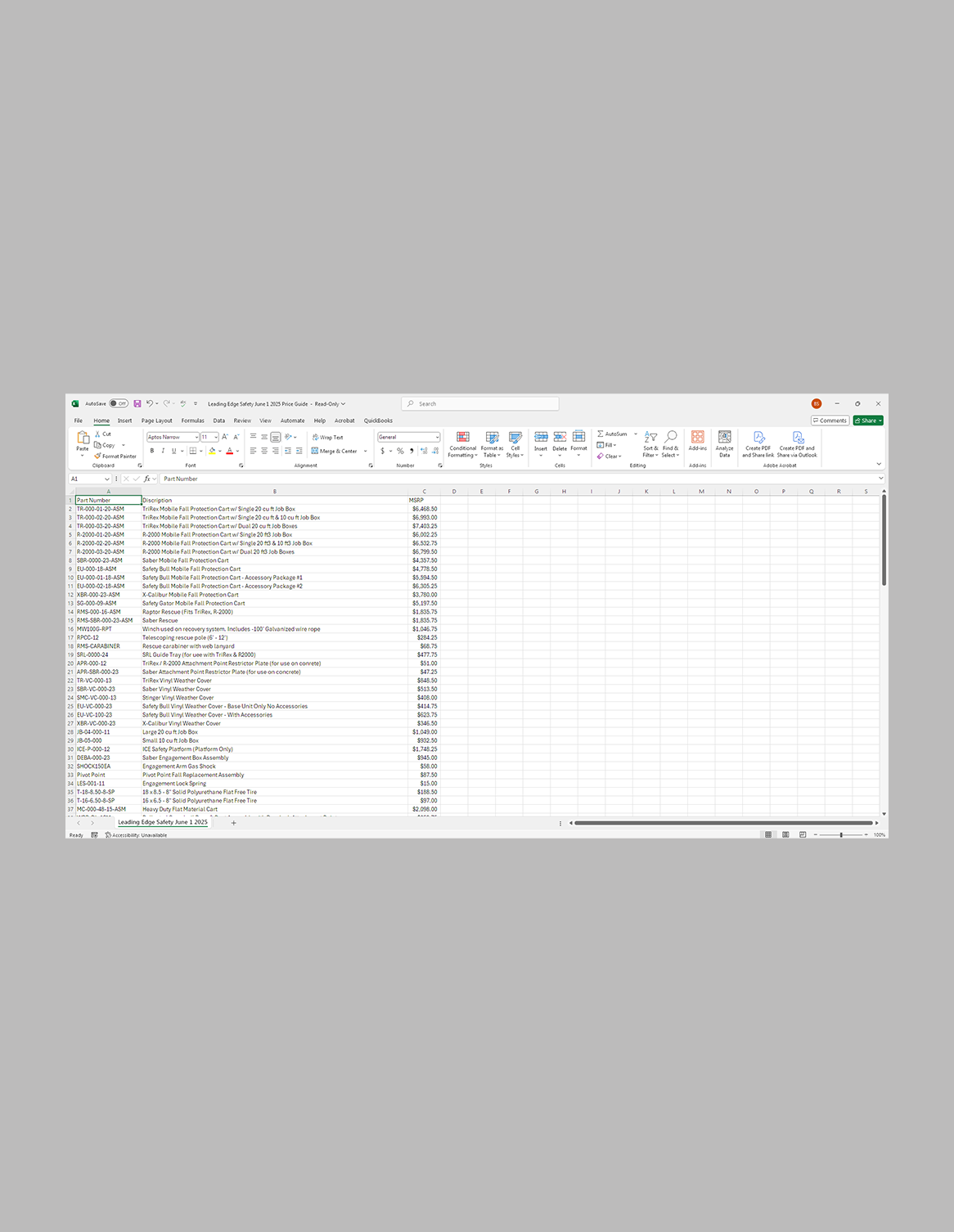 Screenshot of a product price spreadsheet