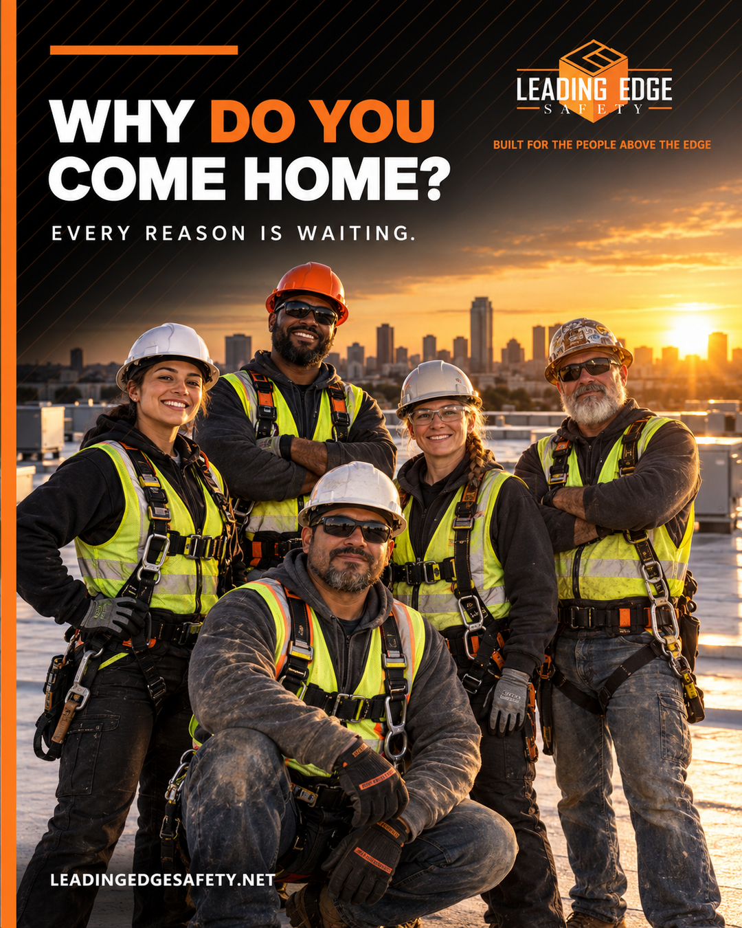 A diverse commercial roofing crew at sunrise