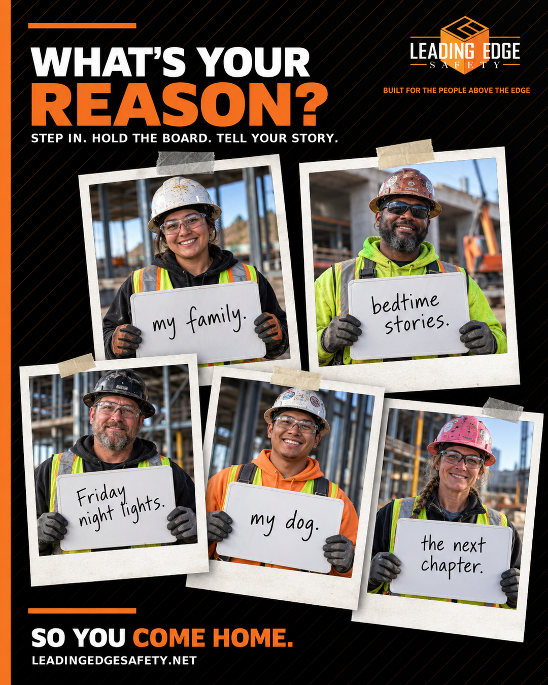 Five workers sharing handwritten reasons they come home